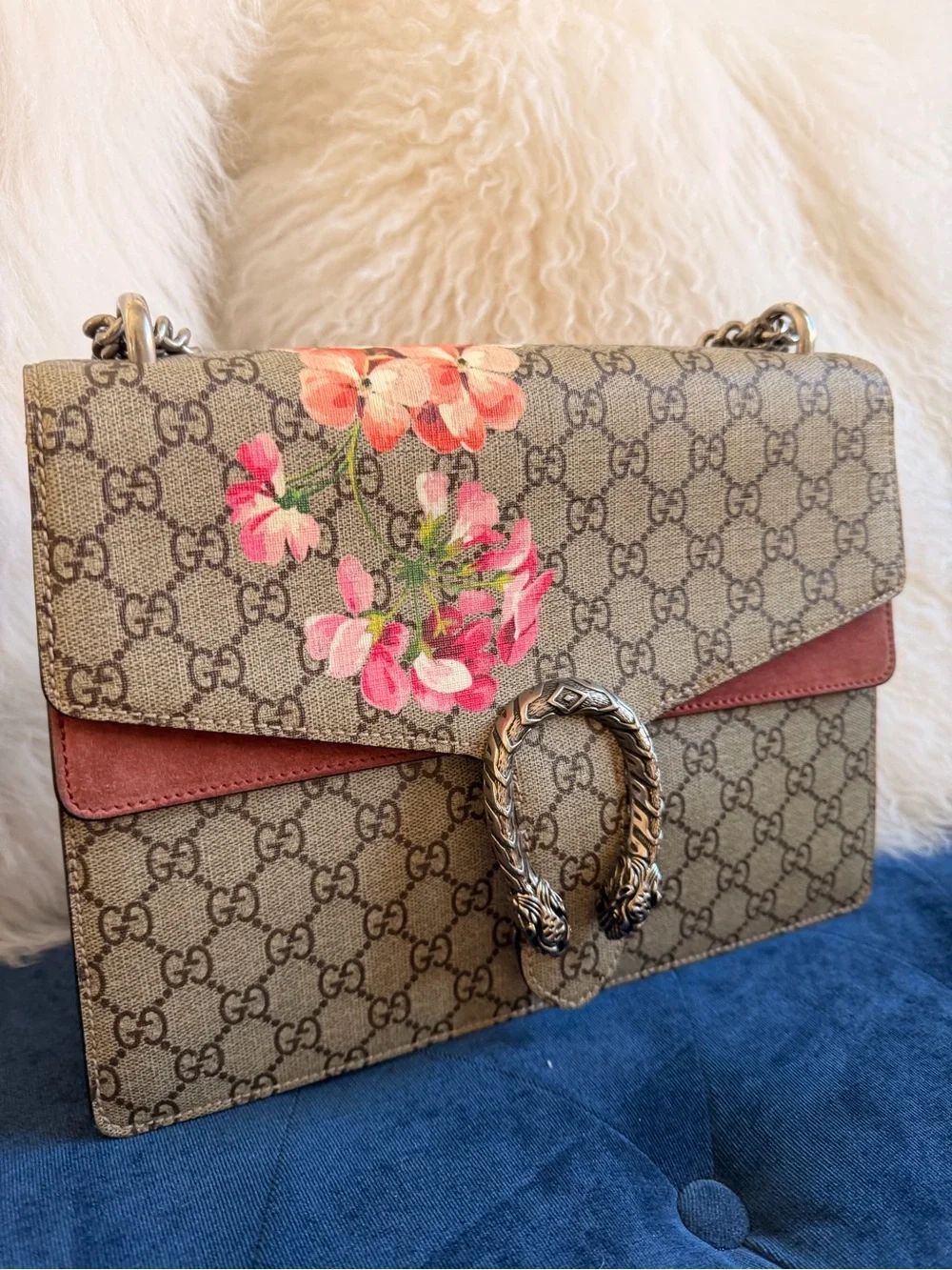 Gucci Brown GG Supreme Shoulder Bag with Pink Floral and Red Trim